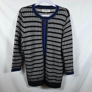 Kasper Cardigan Sweater Women's Size Medium Black & White Stripes Blue Accent
